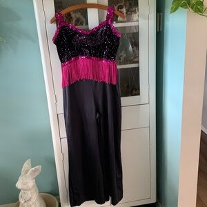 Curtain Call Costumes sz AXL dance pant one piece fringe sequins euc